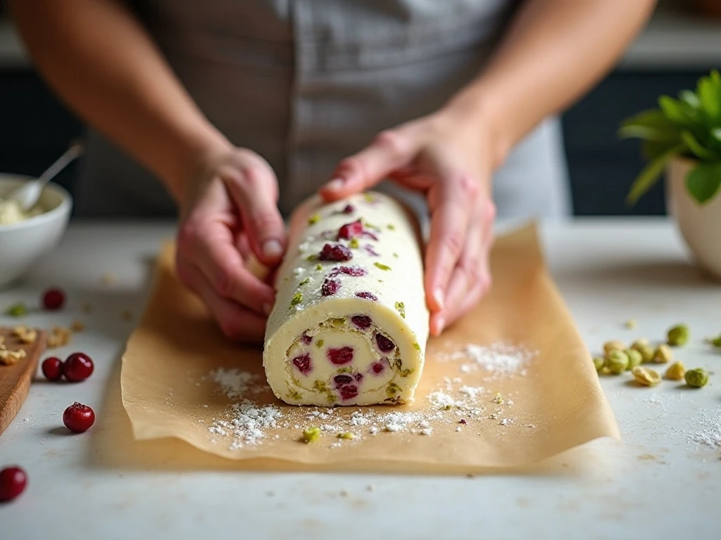 Shaping the cheese mixture into a log on parchment