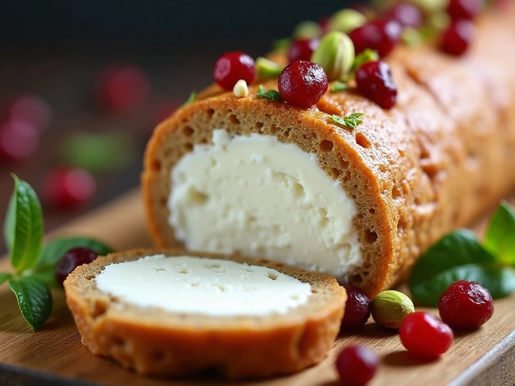 Cranberry and pistachio coating on the cheese log