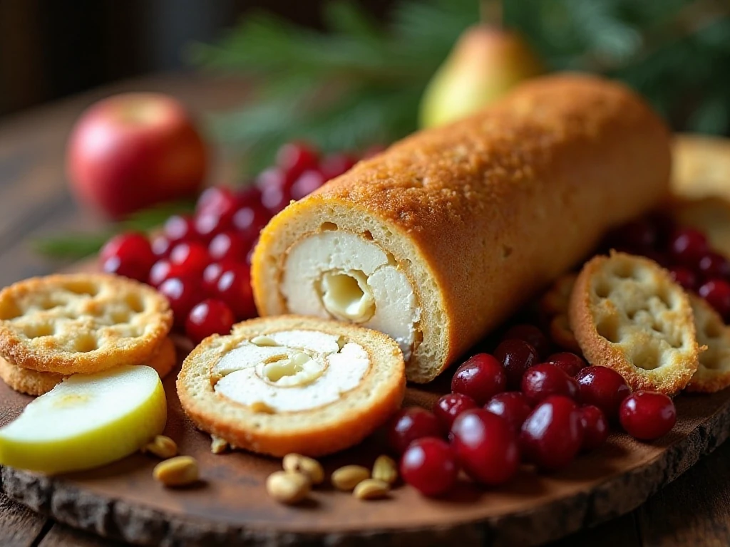 Cheese log arranged on a holiday appetizer board