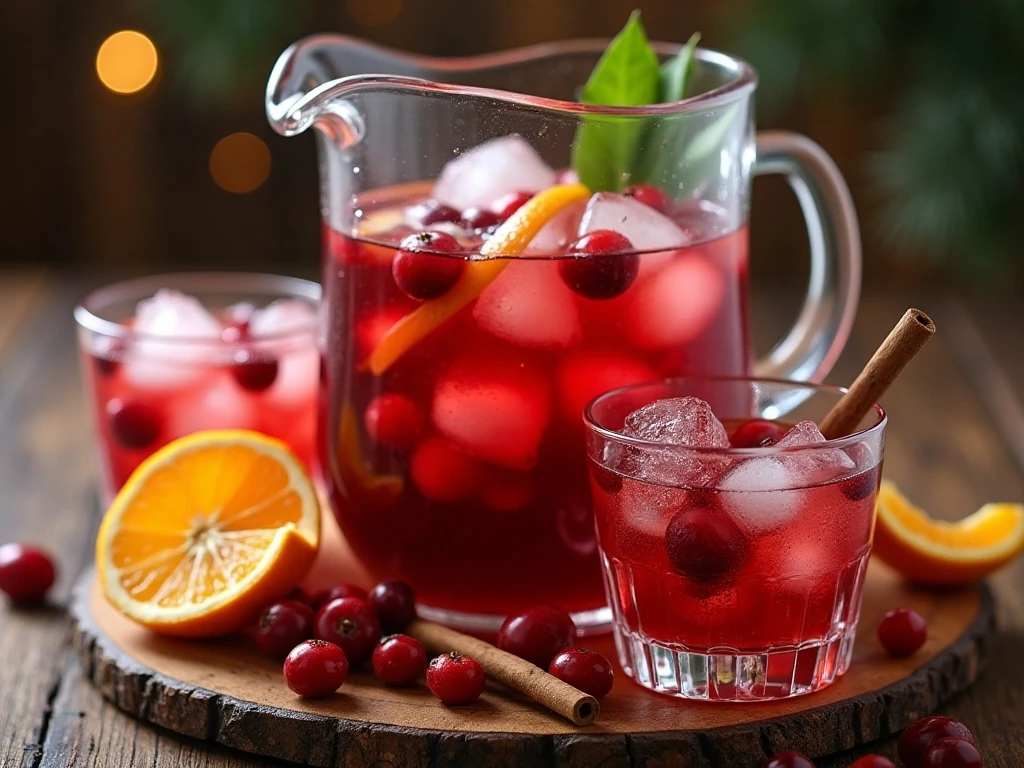 Festive cranberry sangria pitcher with fruit and ice-filled glasses