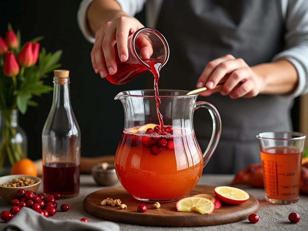 Fresh fruit being prepared for cranberry sangria in a pitcher