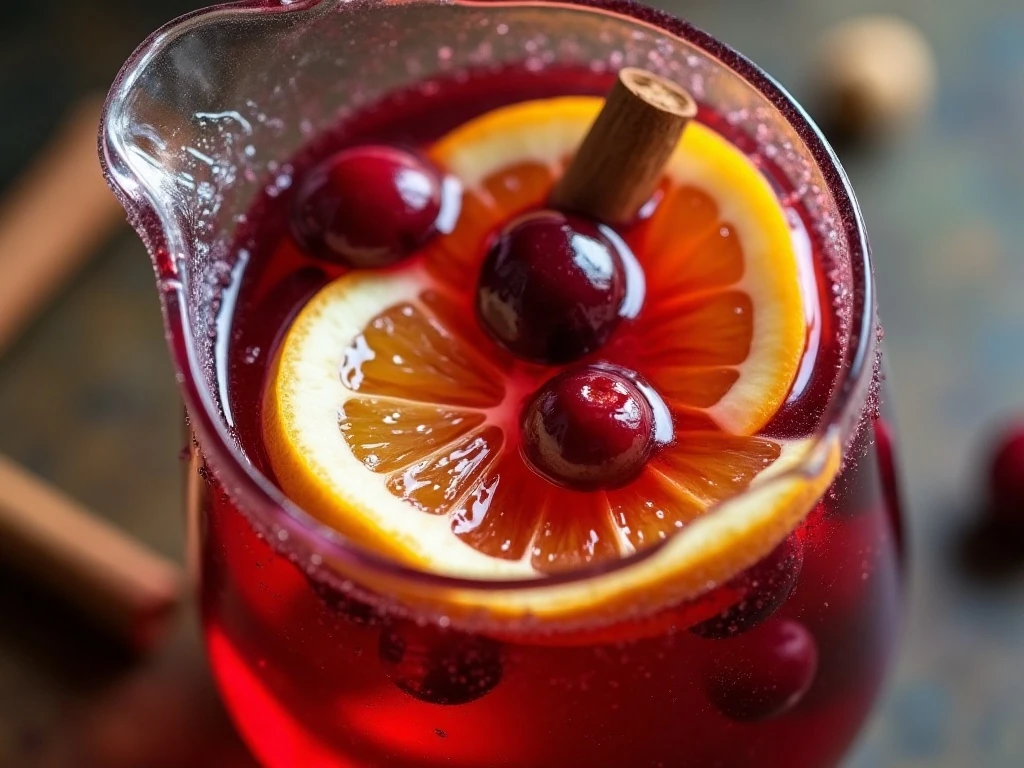 Close-up of cranberry sangria fruit and cinnamon garnish
