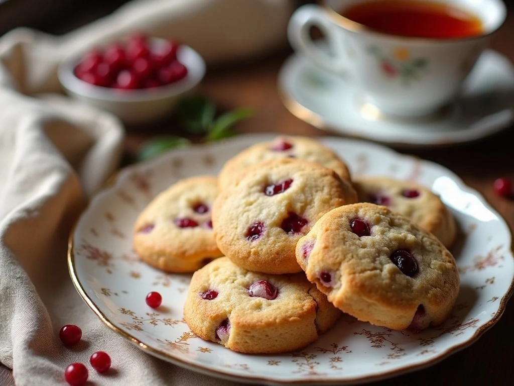 Buttery cranberry shortbread cookies served with tea