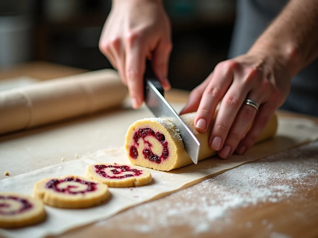 Slicing chilled cranberry shortbread dough into rounds