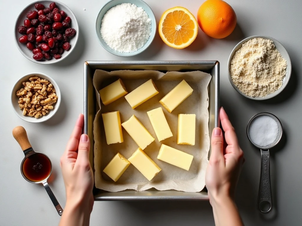 Ingredients for cranberry walnut shortbread bars