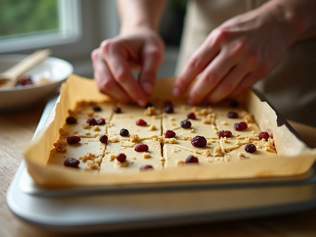 Pressing cranberry walnut shortbread dough into a square pan