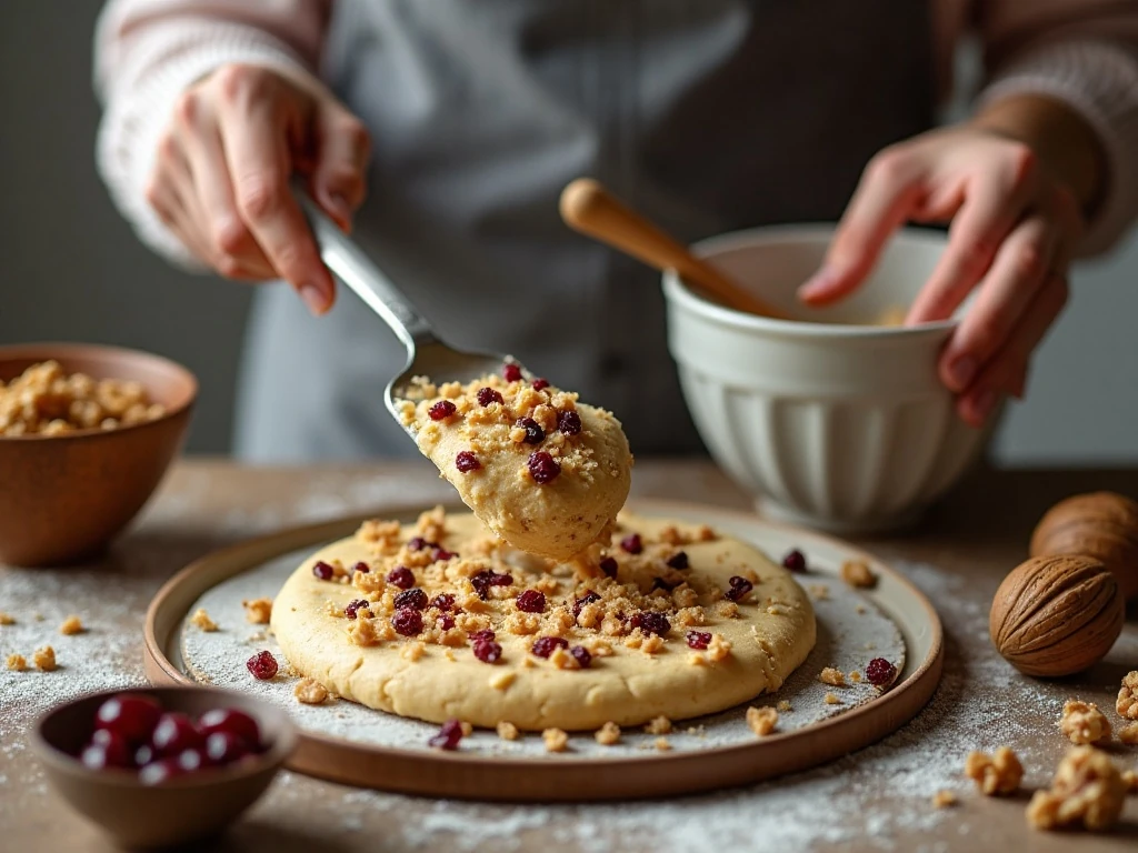 Folding cranberries and walnuts into shortbread dough
