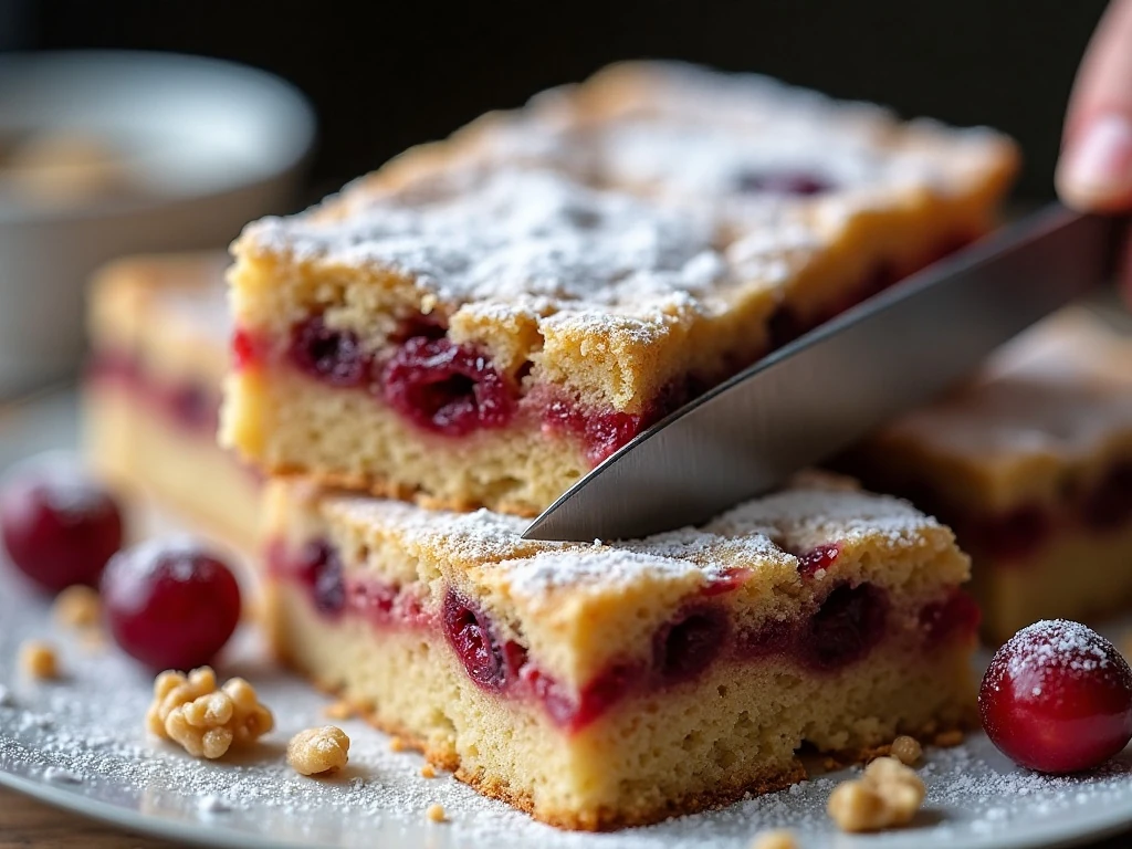 Close-up of sliced cranberry walnut shortbread bars with sugar