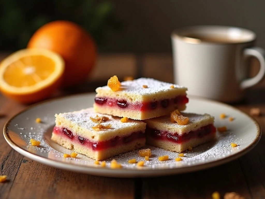 Finished cranberry walnut shortbread bars with orange zest