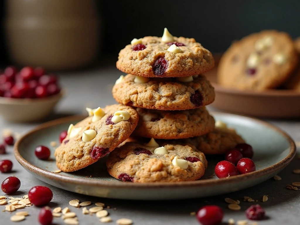 Stack of soft cranberry white chocolate chip oatmeal cookies