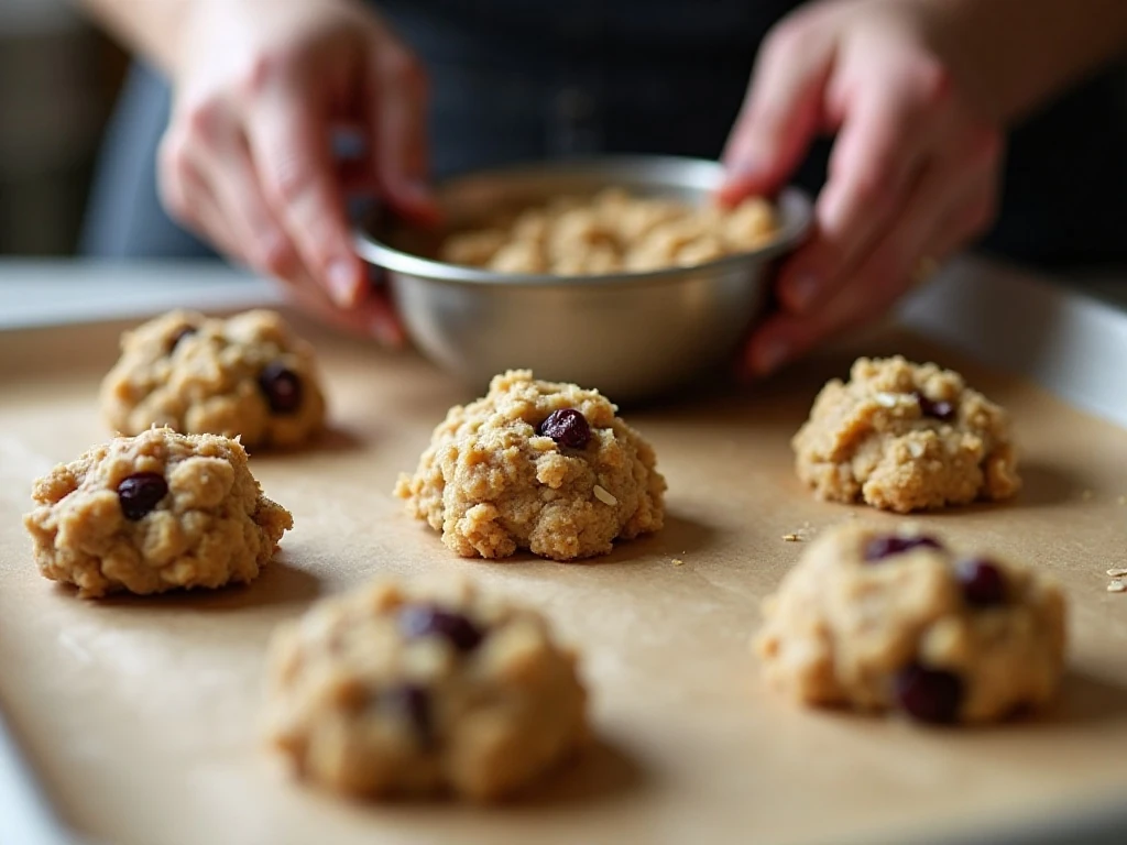 Portioned cranberry oatmeal cookie dough on a baking sheet
