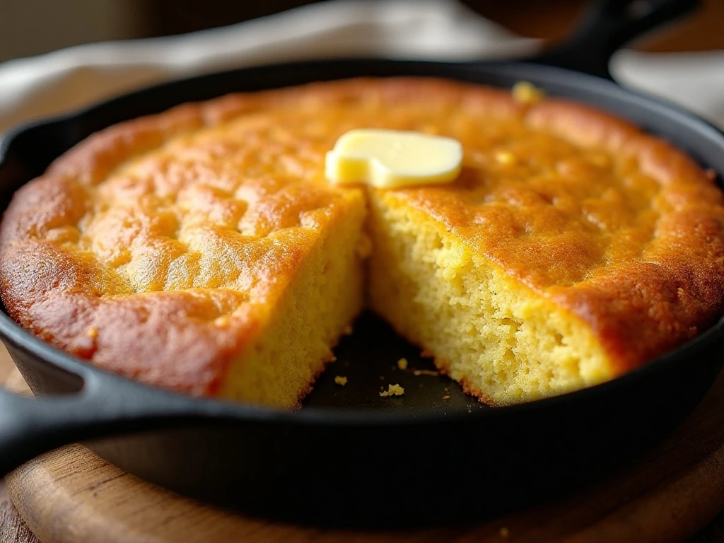 Golden wedges of buttery skillet cornbread with crisp edges