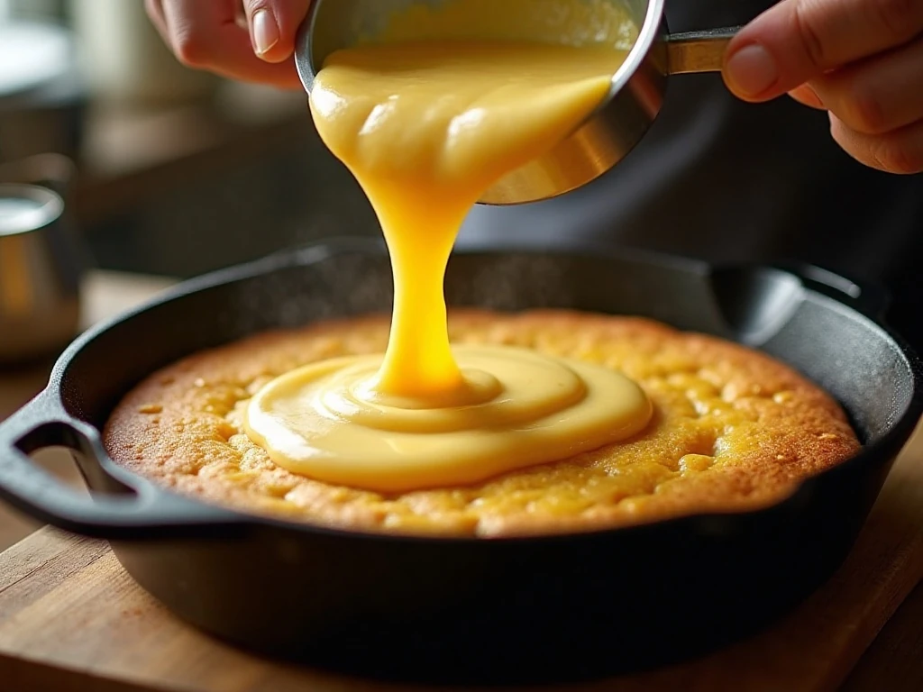 Cornbread batter poured into a hot buttered skillet