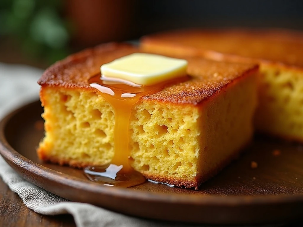 Close-up of crisp skillet cornbread crust and tender crumb