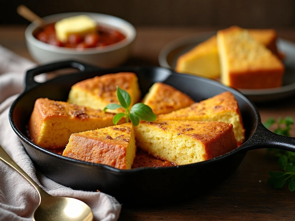 Skillet cornbread served with chili and butter