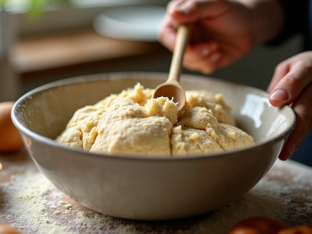 Sticky shaggy artisan bread dough being mixed in a bowl