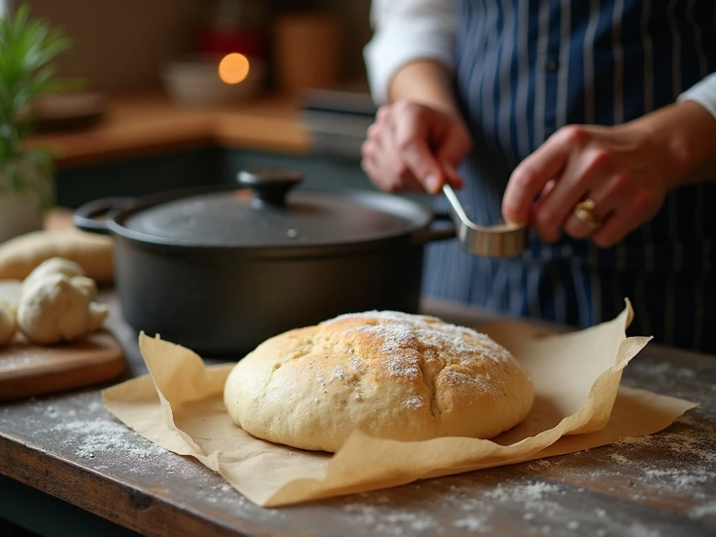 Shaped artisan bread dough on parchment beside a Dutch oven