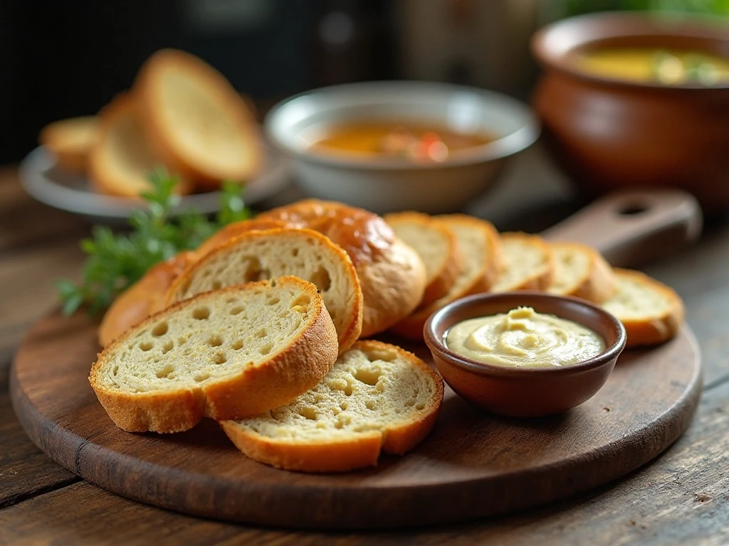 Sliced artisan bread served with hummus, butter, and soup