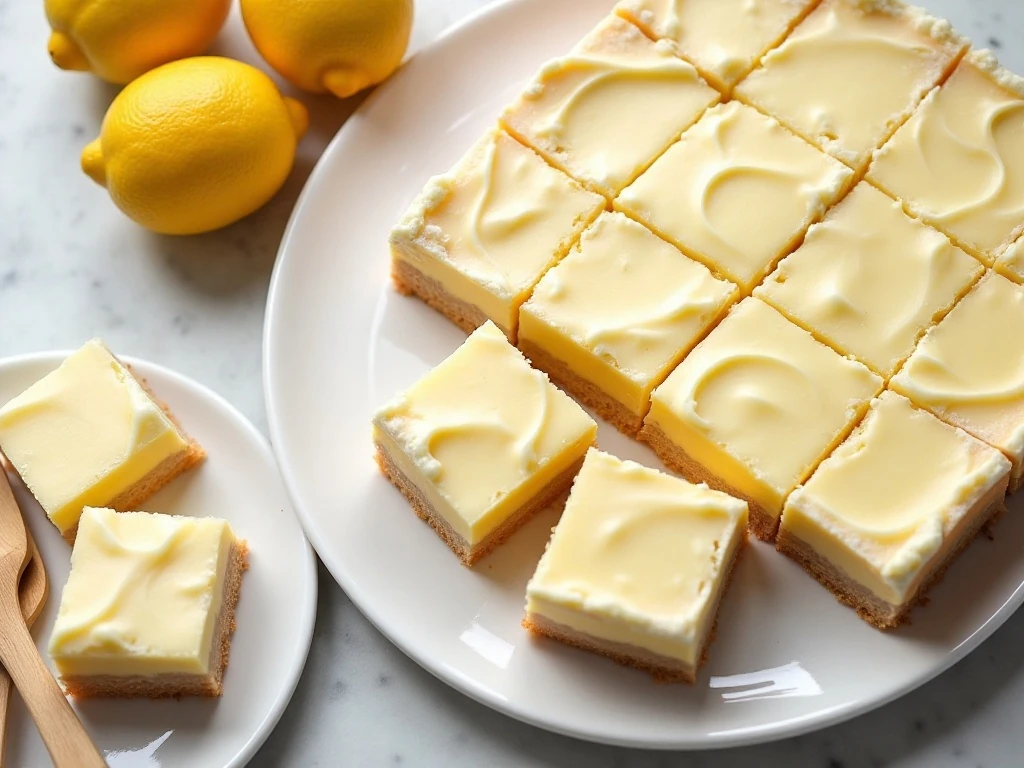 Pan and platter of creamy Crazy Good Busy Day Lemon Bars