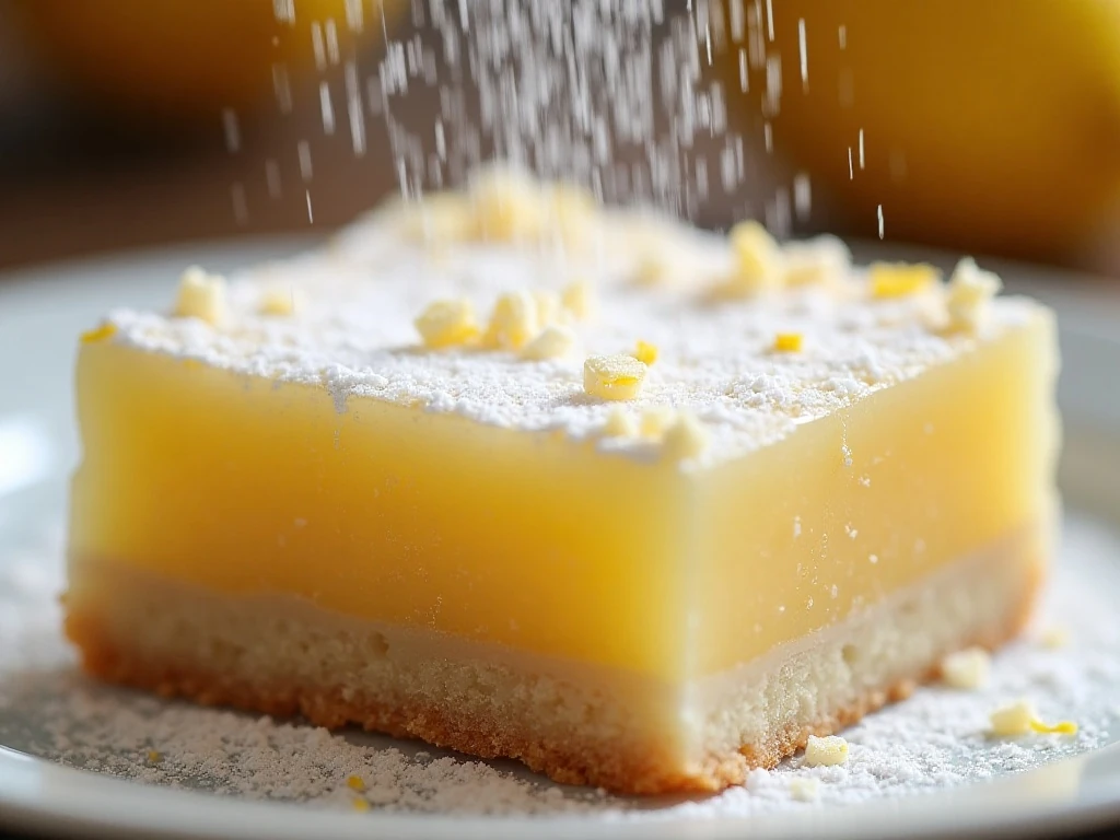 Close-up of powdered sugar and lemon zest on a creamy lemon bar
