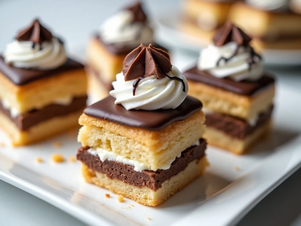 Slices of layered chocolate cream puff dessert showing the pastry, cream cheese, pudding, and whipped topping layers