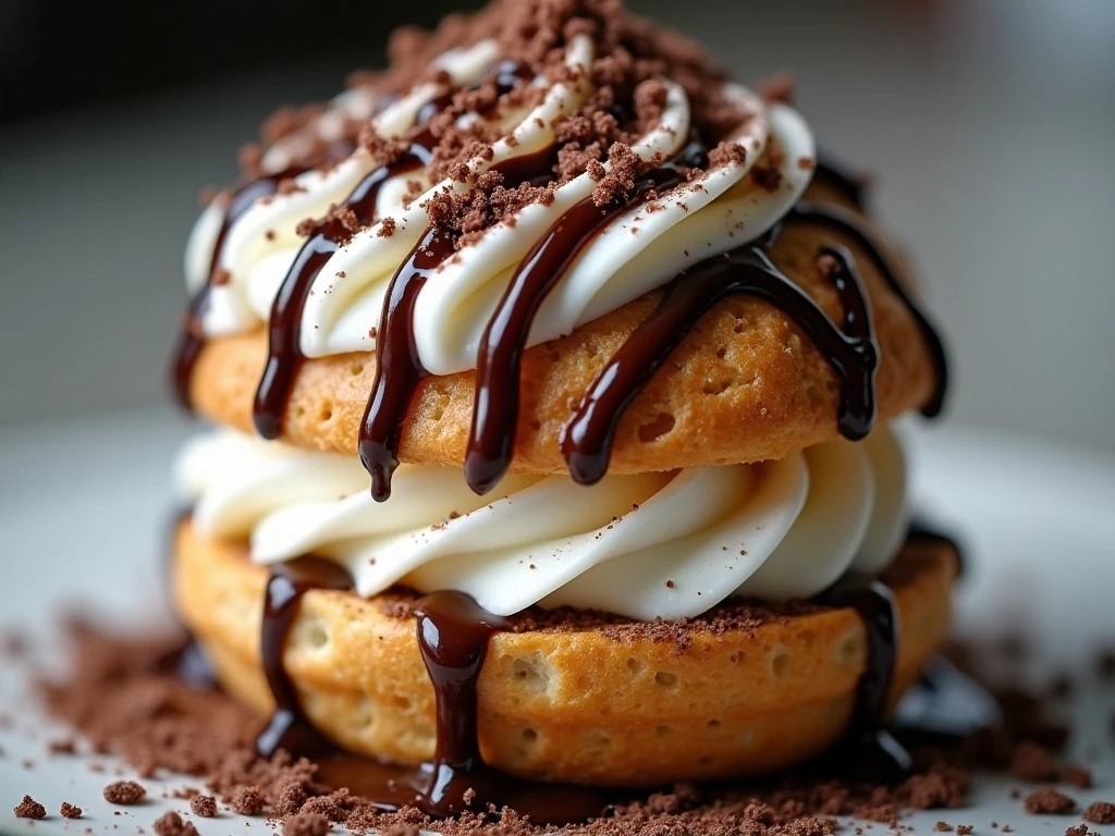 Close-up of chocolate cream puff dessert with chocolate syrup and shavings