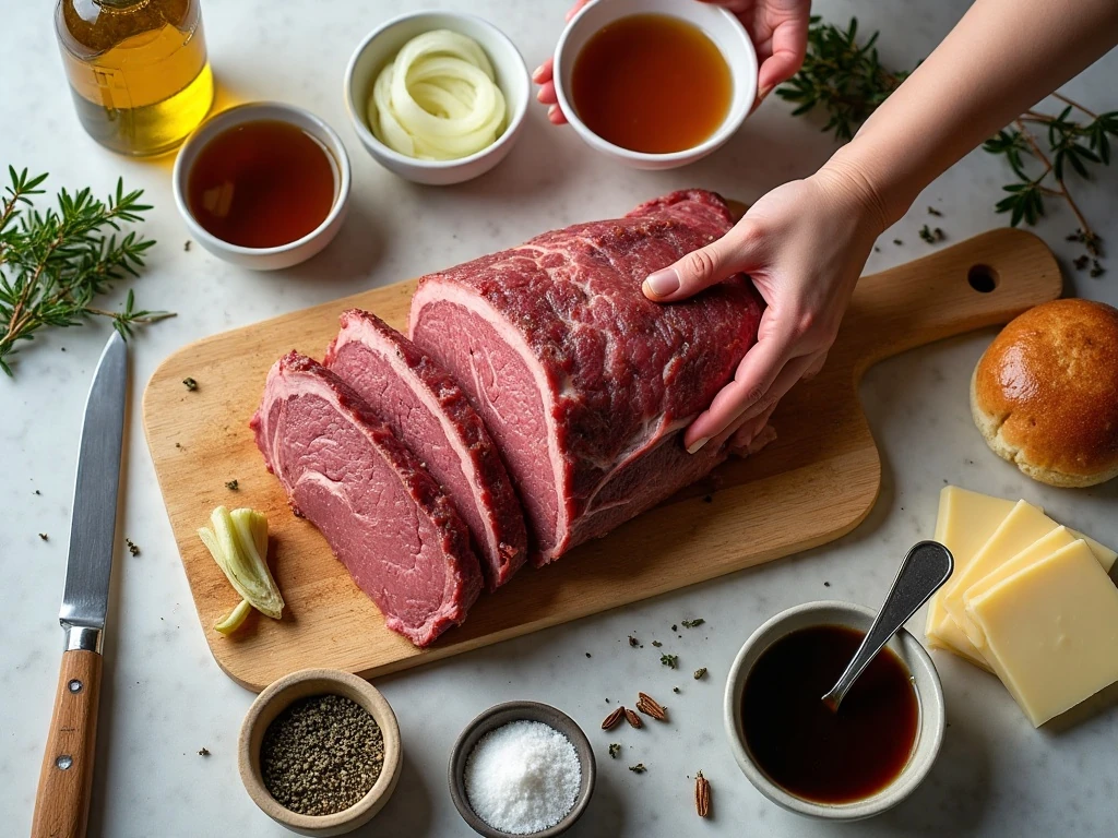 Ingredients for slow cooker French dip sandwiches arranged for cooking