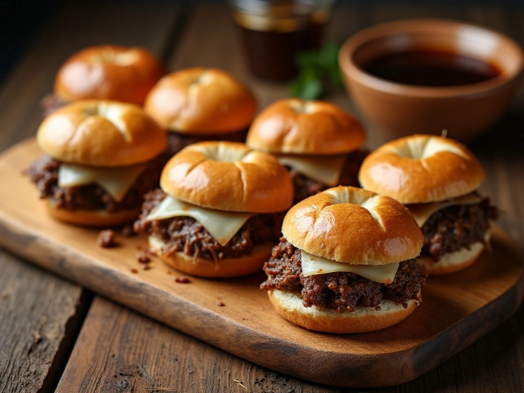 Finished slow cooker French dip sandwiches served with au jus