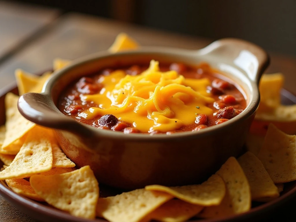 Hot cream cheese chili dip served with tortilla chips