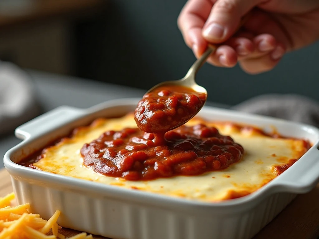 Layering chili over cream cheese for the dip