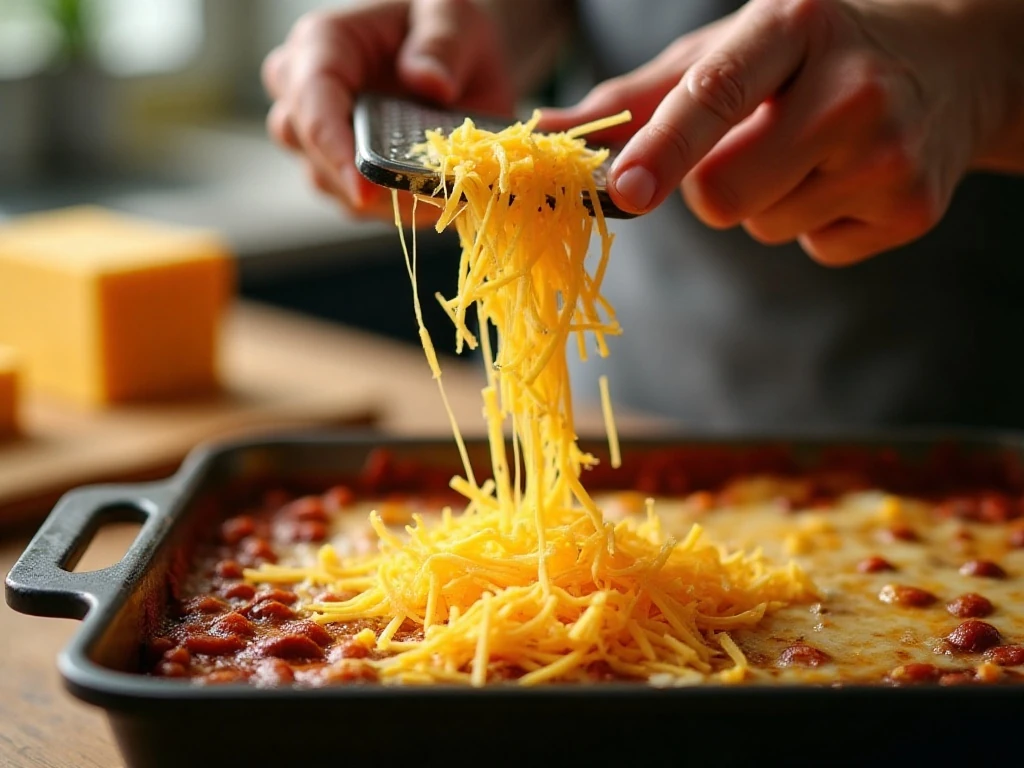 Adding freshly shredded cheddar to chili dip