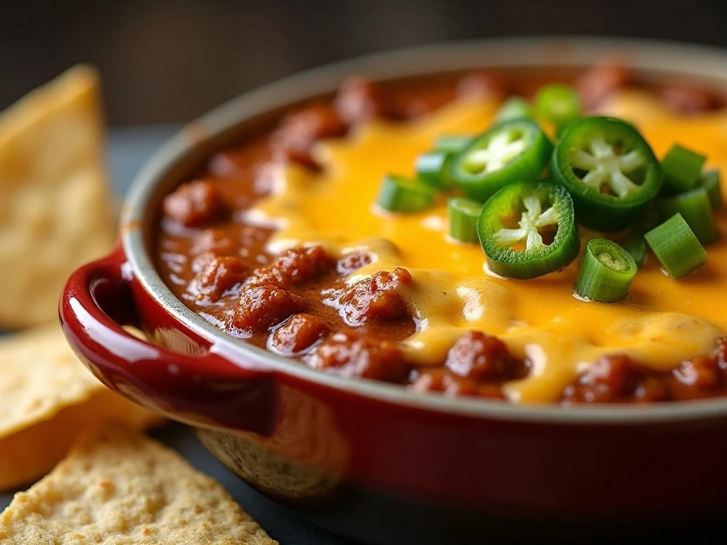 Cream cheese chili dip garnished with green onions and jalapenos