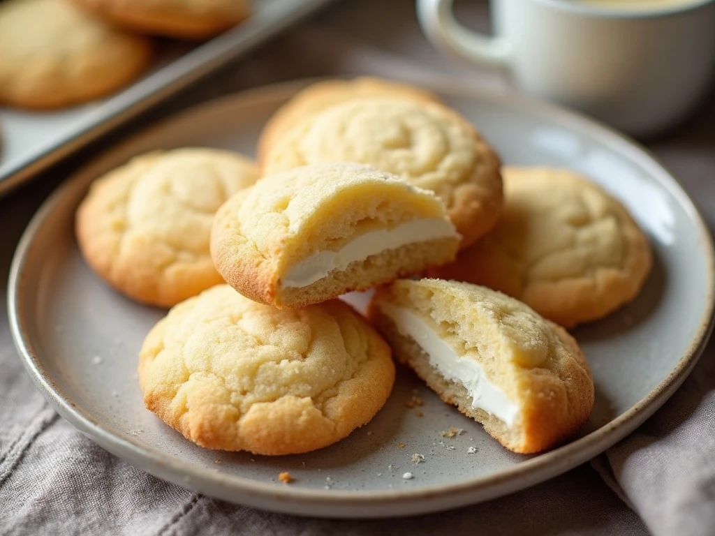 Stack of soft and chewy cream cheese cookies with lightly sugared tops