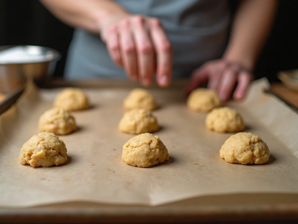 Cream cheese cookie dough portions arranged on a parchment-lined baking sheet
