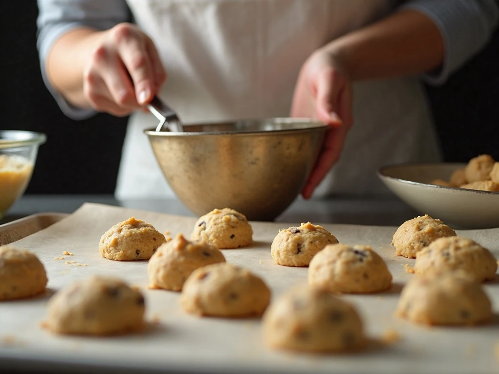 Scooping cream cheese cookie dough onto a parchment-lined baking sheet