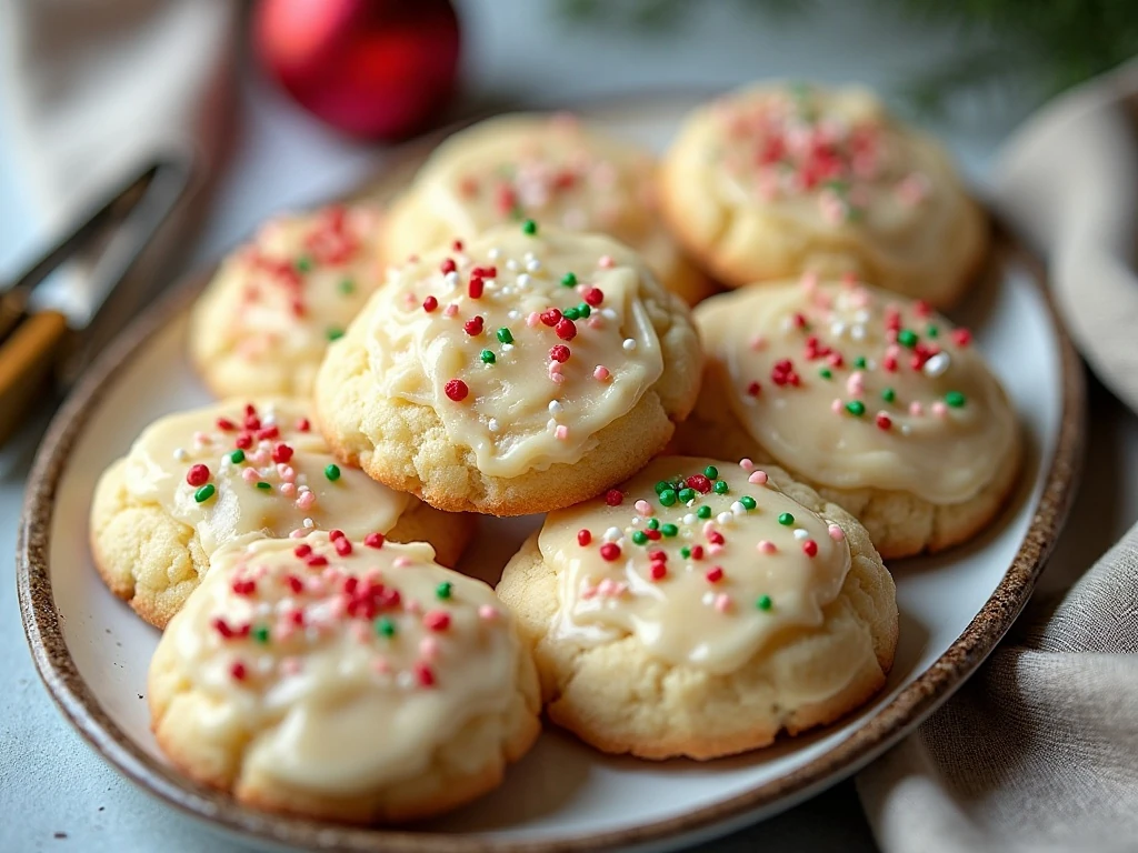 Decorated cream cheese cookies on a festive serving platter
