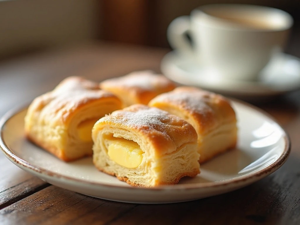Golden cream cheese Danish crescent roll squares on a serving platter