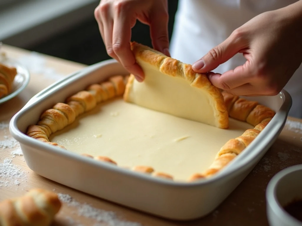 Spreading cream cheese filling over crescent dough in a baking dish