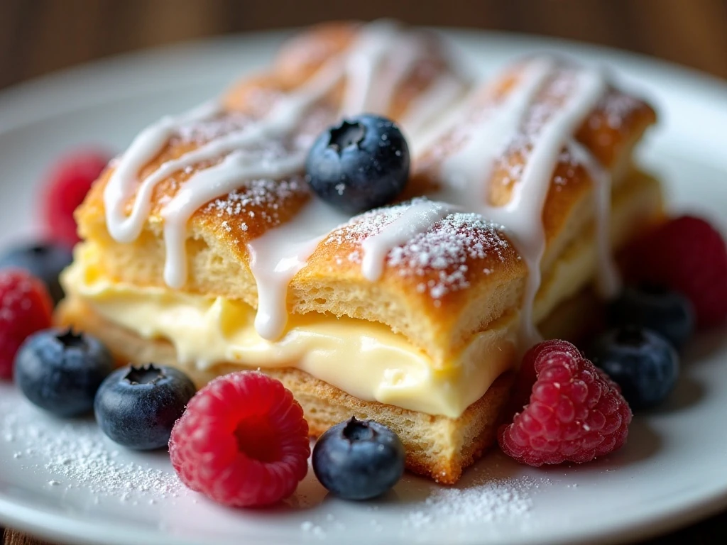 Glazed cream cheese Danish square served with fresh berries