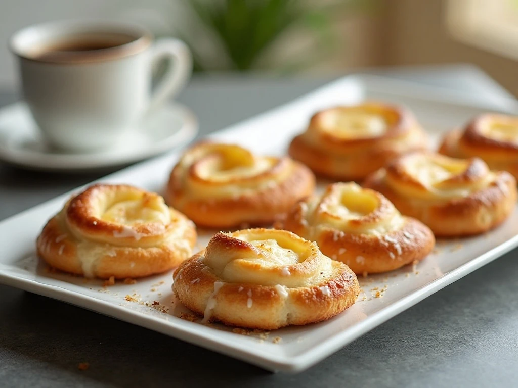 Golden cream cheese Danish pastries arranged for breakfast