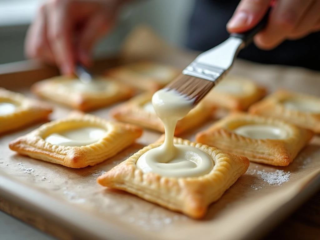 Filling scored puff pastry squares for cream cheese Danish