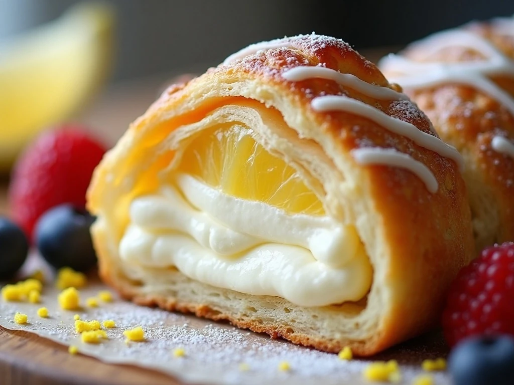 Close-up of flaky cream cheese Danish with glazed filling