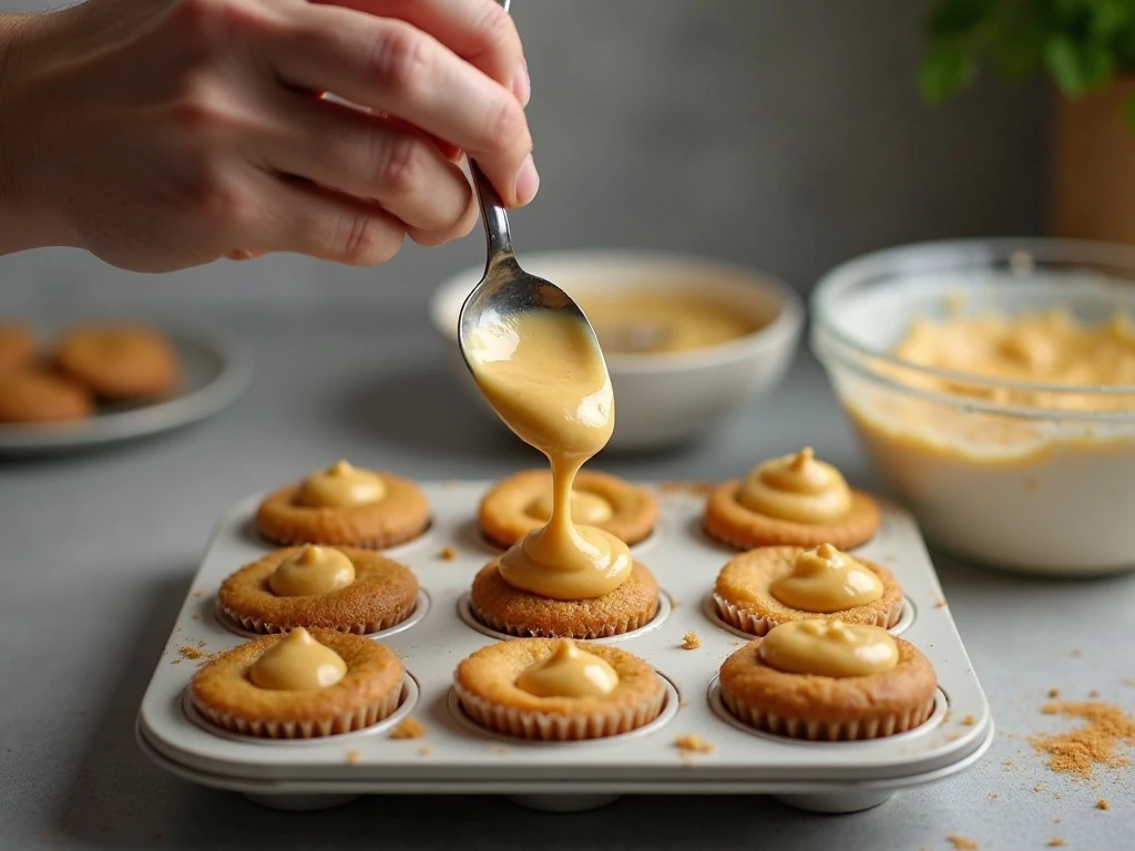 Adding cream cheese filling to pumpkin cupcake batter