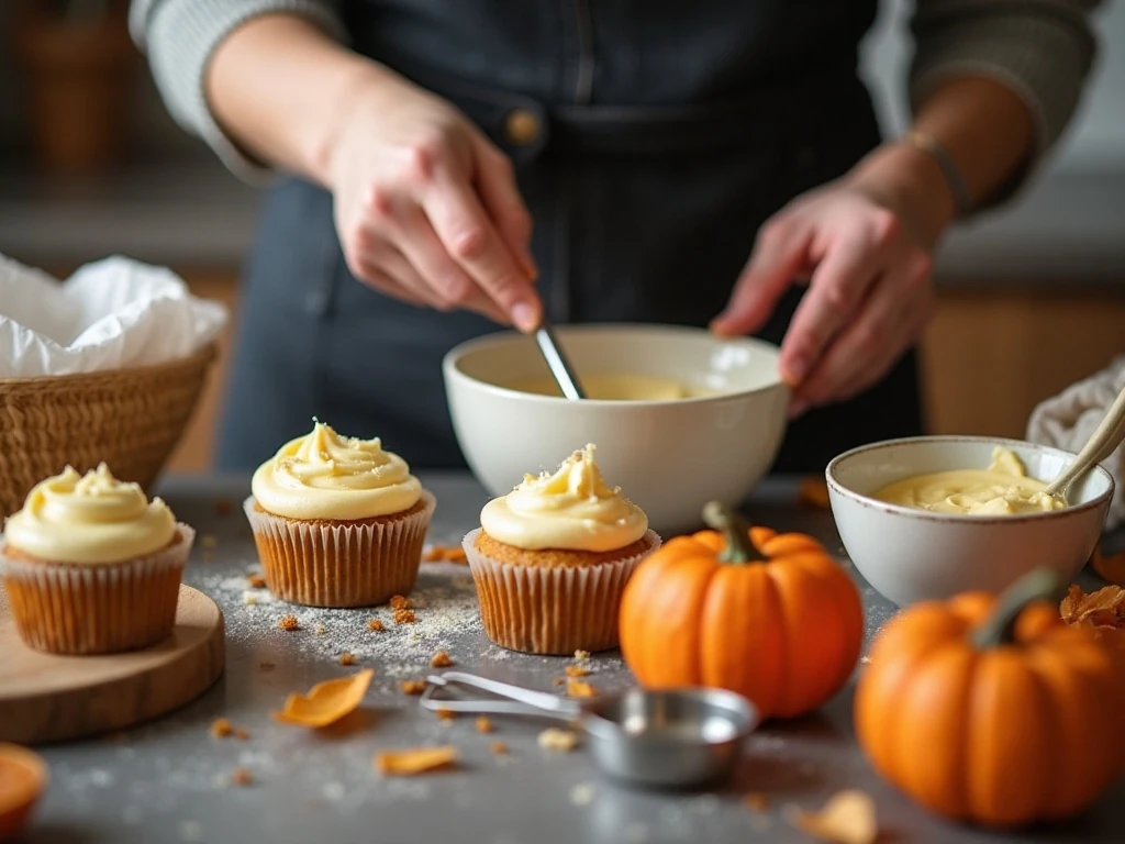 Chilled cream cheese filling and pumpkin cupcake batter ready for assembly