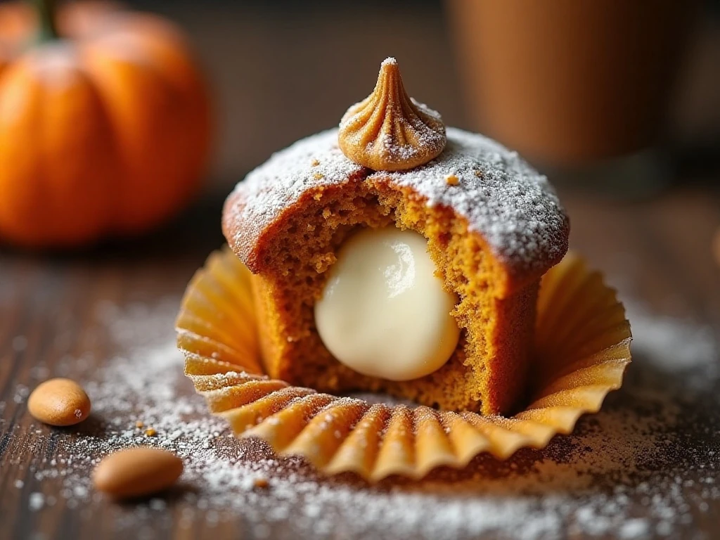 Pumpkin cupcake showing its creamy cream cheese center with cinnamon garnish