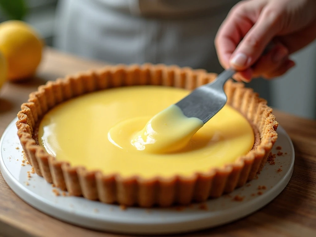 Smooth lemonade pie filling being spread into a graham cracker crust