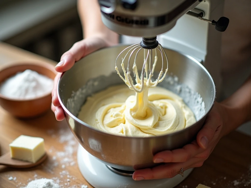 Creaming butter cream cheese and sugar for pound cake