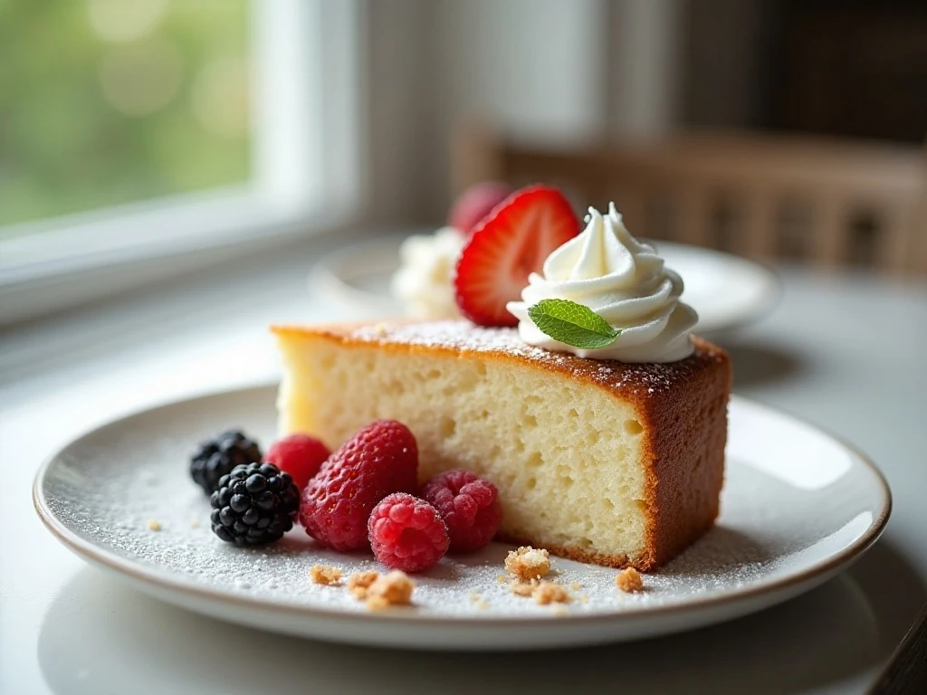 Cream cheese pound cake served with berries and whipped cream