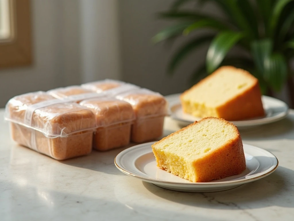 Wrapped cream cheese pound cake slices ready for storage