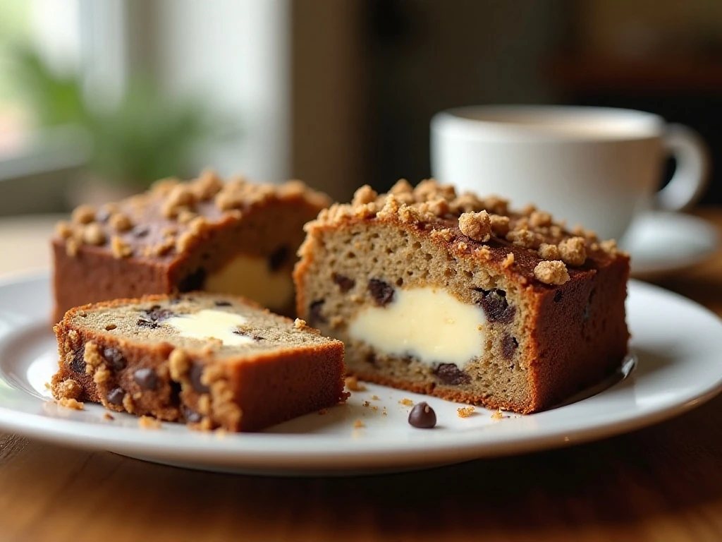 Slices of cream cheese stuffed chocolate chip banana bread coffee cake served with coffee